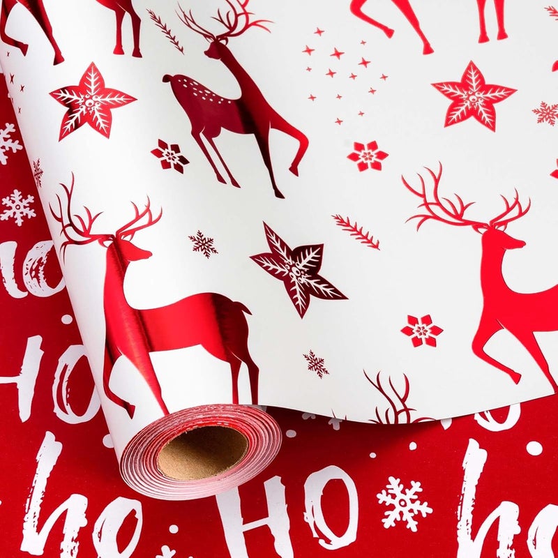Retrify Christmas Wrapping Paper Roll - 17 Inches x 32.8 Feet - Metallic Red Reindeer HO Lettering Mini Roll Gift Wrap Paper for Winter Holiday Festive Party Celebrations - Image 1